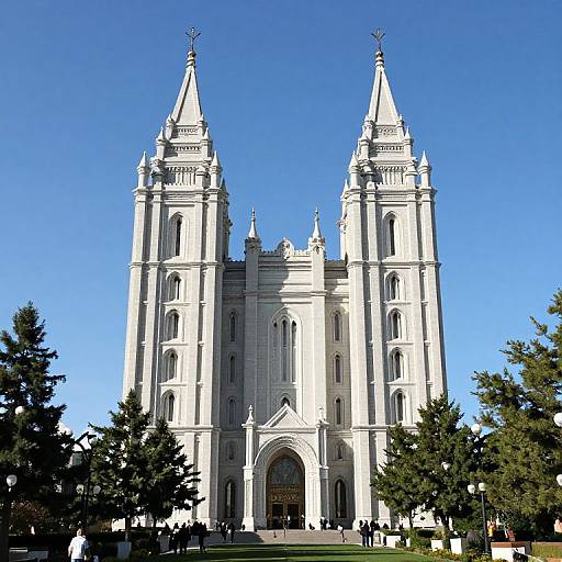 Photograph of a grand, white, Gothic-style cathedral with two tall, pointed spires against a clear blue sky, flanked by trees in the