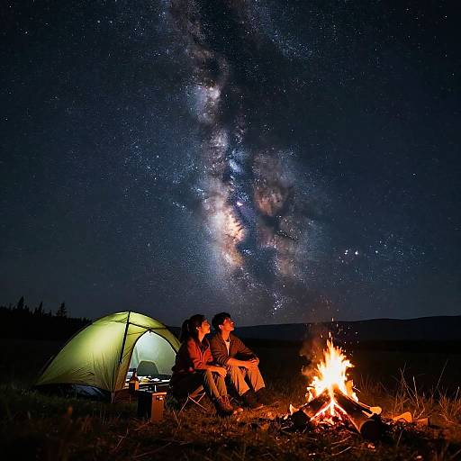 Photograph of two people sitting by a campfire under a starry night sky, with a glowing green tent nearby. Milky Way visible overhead.