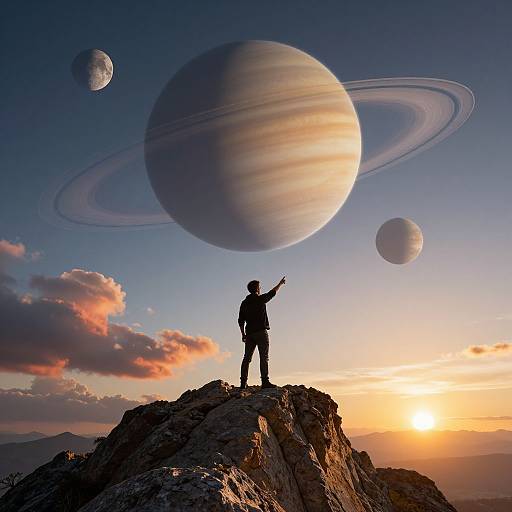 Silhouetted figure on rocky peak, pointing at three large planets with rings in a colorful sunset sky. Digital art.