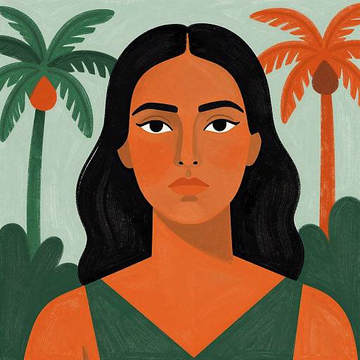 Digital illustration of a stylized, orange-skinned woman with black hair, green dress, and intense gaze, set against a tropical background with palm trees