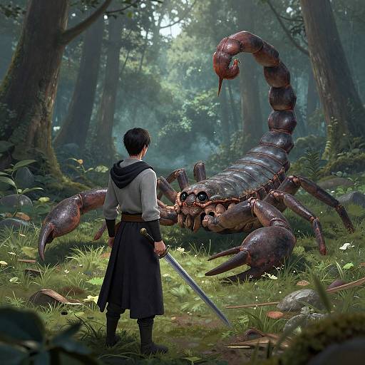 Digital art: Medieval man in forest, back facing, sword in hand, facing large, menacing, pinkish-red scorpion with sharp claws. Sun