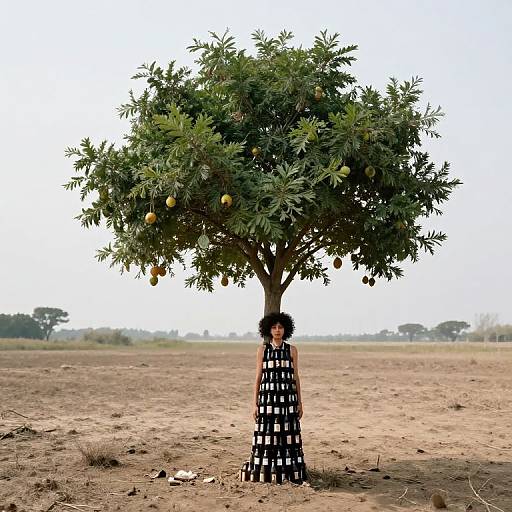 Photograph of a woman with curly hair, wearing a black-and-white checkered dress, standing under an orange tree in a dry, open field with