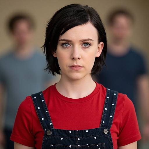 Photograph of a young woman with pale skin, black bob haircut, wearing a red shirt and black polka-dot overalls, with two blurred people