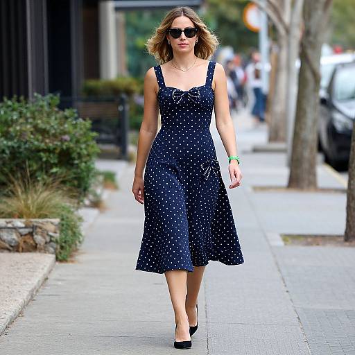 Photograph of a woman with shoulder-length brown hair, wearing a navy blue, polka dot dress, black sunglasses, and black heels, walking on
