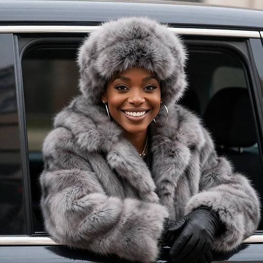 Smiling Woman in Luxurious Gray Fur