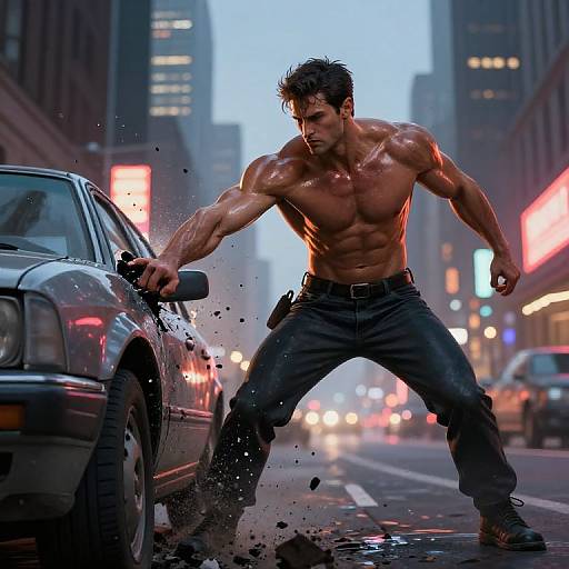 Muscular, shirtless man with wet, dark hair and dark pants, smashing a car in a neon-lit, urban street at dusk.