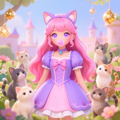 Digital anime-style illustration of a pink-haired girl with cat ears wearing a purple dress, surrounded by fluffy kittens in a vibrant, sunlit garden.