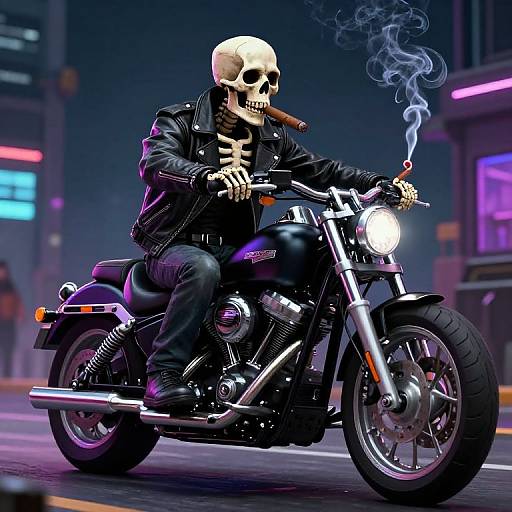 Digital artwork: Grim Reaper on black Harley-Davidson, wearing leather jacket, holding cigar, skull helmet, bones visible, neon city night background.