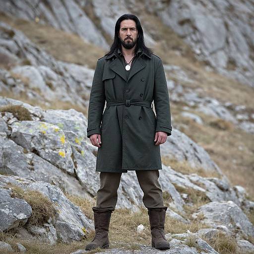 Photograph of a bearded man with long black hair, wearing a dark green coat, brown pants, and boots, standing on rocky, grassy