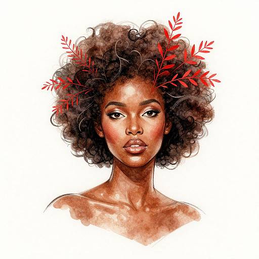 Digital illustration of a beautiful, dark-skinned woman with curly afro, adorned with red leafy branches, staring confidently forward on a white background.