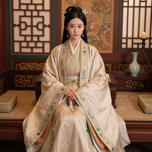 Photograph of an elegant East Asian woman in an ornate, cream-colored traditional Chinese robe, seated in a richly decorated room.