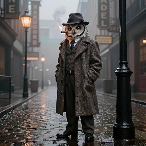 Photograph-style CGI of a mysterious figure with an owl mask in a brown overcoat, hat, and suit, standing on a misty, cob