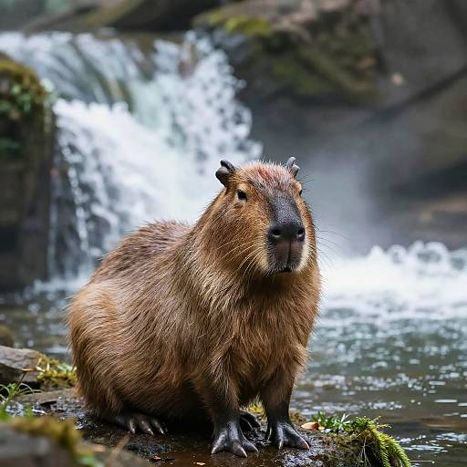 Melancholy Capybara by Waterfall