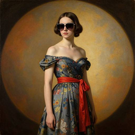 Photograph of a pale-skinned woman with short brown hair, wearing dark sunglasses, an off-shoulder floral dress, red sash, and