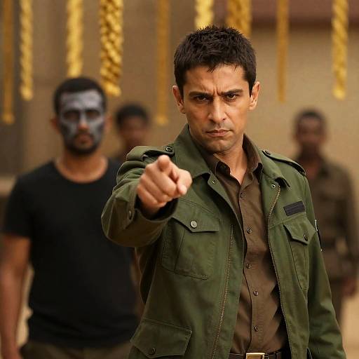 Serious man pointing with military jacket