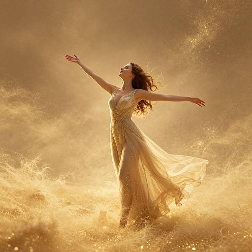 Photograph of a woman with flowing brown hair in a golden, beaded dress, arms outstretched, standing amidst golden, sparkling dust.