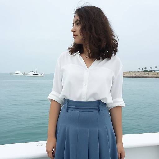 Photograph of a young woman with wavy dark hair, wearing a white blouse and blue high-waisted skirt, standing by a calm sea with