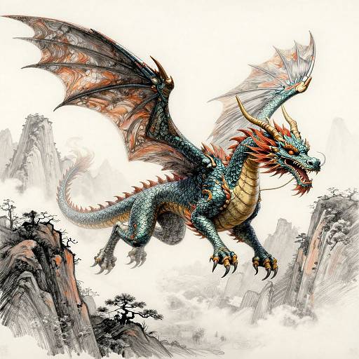 Digital artwork of a fierce, blue-scaled dragon with red and orange accents, large wings, and sharp claws soaring above rocky cliffs.
