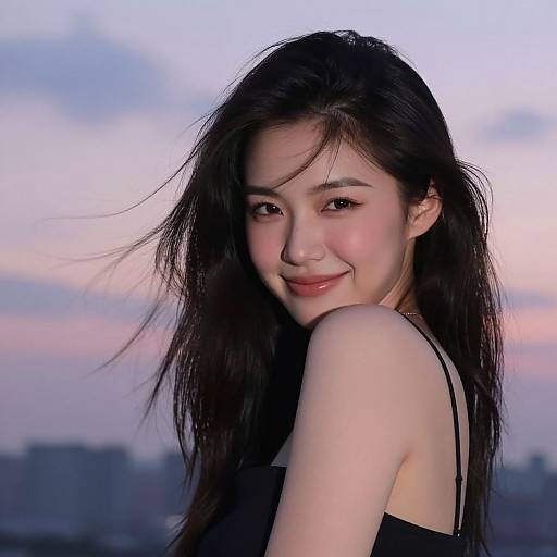 Photograph of an Asian woman with long, black hair, smiling at the camera, wearing a black top, against a pastel sunset sky.