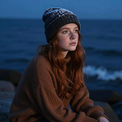 Photograph of a red-haired woman in a snow-dusted black beanie and brown knit sweater, sitting by a dark blue, twilight ocean.