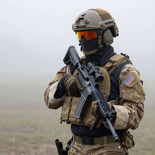 Tactical Soldier in Foggy Terrain