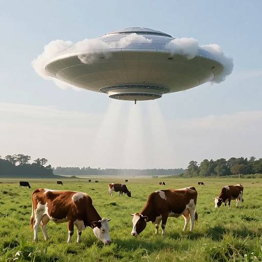 Photograph of a UFO hovering above a grassy field with brown and white cows grazing, under a clear blue sky.