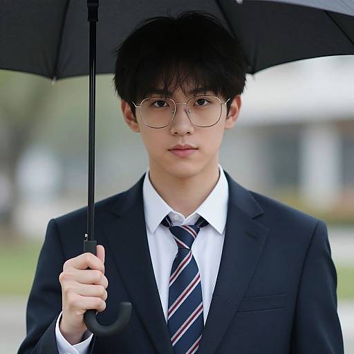 Young Asian man in black suit, white shirt, striped tie, holding black umbrella, wearing large round glasses, standing outdoors.