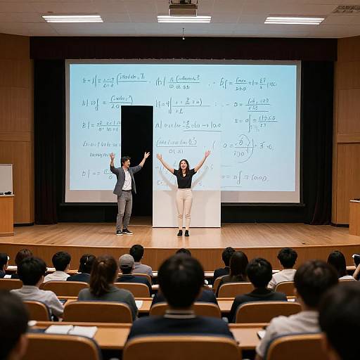 Photograph of a lecture hall with two presenters, man in gray suit and woman in black top, standing on stage, arms raised, displaying a
