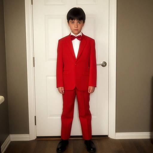 Photograph of a young boy with short black hair, wearing a bright red tuxedo, white shirt, red bow tie, and black shoes,