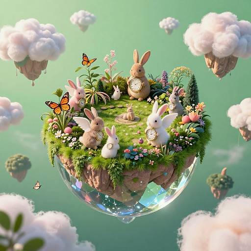 Digital artwork of a floating, grassy island with several rabbits, colorful flowers, butterflies, and clouds, set against a turquoise sky.