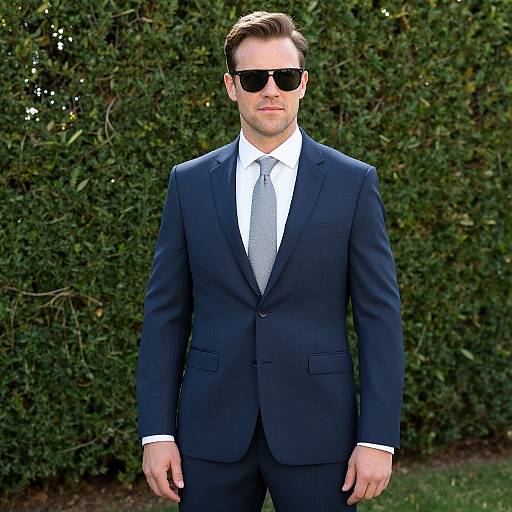 Photograph of a clean-shaven, fair-skinned man with short brown hair, wearing a dark navy suit, white shirt, gray tie, and