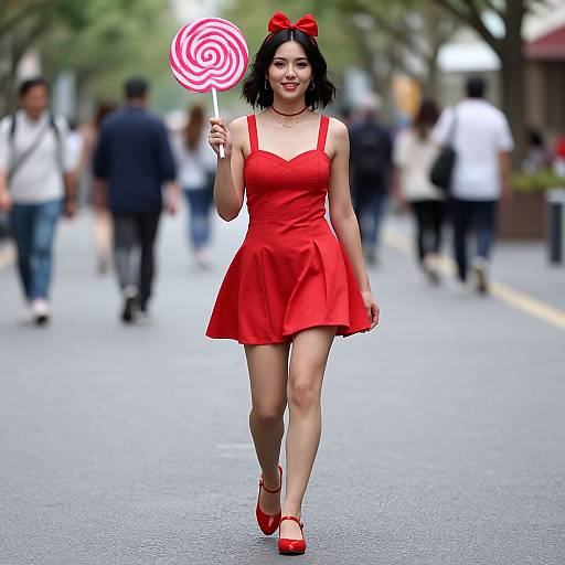 Photograph of an Asian woman with black hair, red dress, red bow, and red shoes, holding a pink swirl lollipop, walking down a