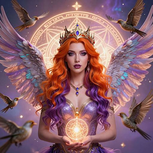 Digital fantasy artwork: Angelic woman with vibrant orange-purple hair, white-blue wings, crown, and star-tipped magic orb, surrounded by flying birds