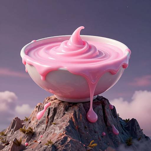 Digital art: Pink, glossy, melting ice cream bowl sits on rocky mountain peak, with dripping pink ice cream and cloudy sky background.