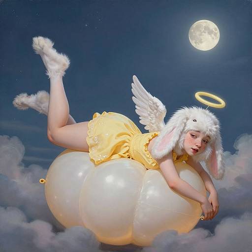 Digital art of a pale-skinned, angelic girl with white bunny ears, halo, yellow dress, and wings, lounging on a glowing balloon