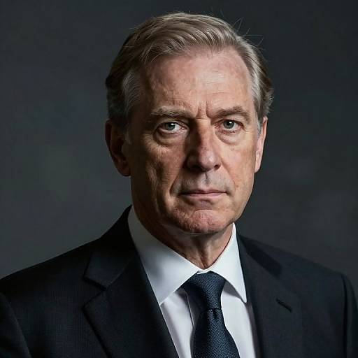 Photograph of an elderly Caucasian man with gray hair, fair skin, and wrinkles, wearing a black suit, white shirt, and black tie, against