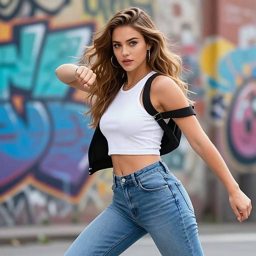 Photograph of a confident, brown-haired woman in a white crop top and blue jeans, wearing a black jacket, posing with a fist in a graffiti