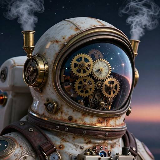 Steampunk astronaut with brass gears and steam, wearing a rusted helmet with a reflective visor, against a starry sky. Photorealistic