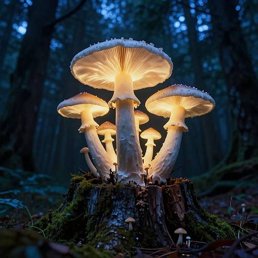 Glowing Mushroom Cluster in Dark Forest