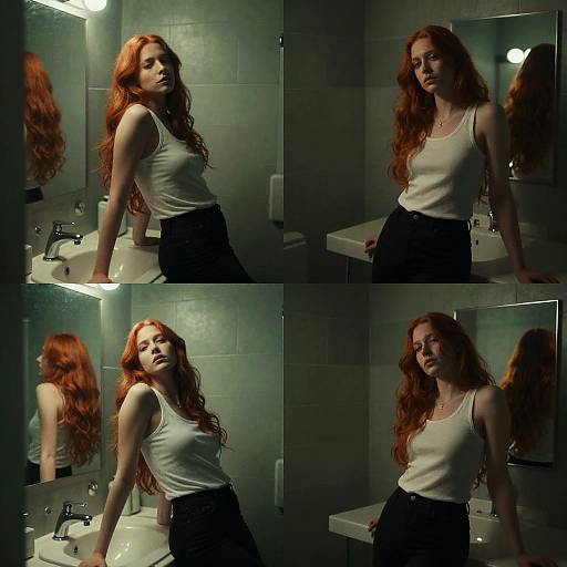 Photograph of a red-haired woman with wavy hair, wearing a white tank top and black pants, leaning against a bathroom sink in dim lighting,
