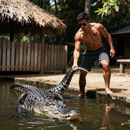 Muscular Man Grappling with Crocodile