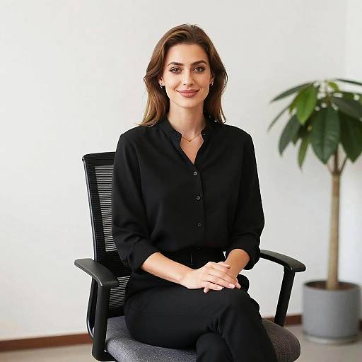 Professional Woman in Black Office Attire Sitting