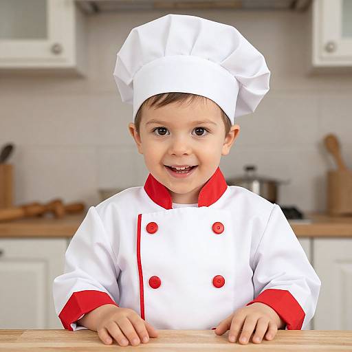 Photograph of a smiling young boy in a white chef's uniform with red buttons and a tall hat, leaning on a kitchen counter.