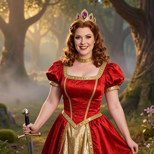 Photograph of a smiling, fair-skinned woman with curly brown hair, wearing a red and gold medieval gown, tiara, and holding a sword