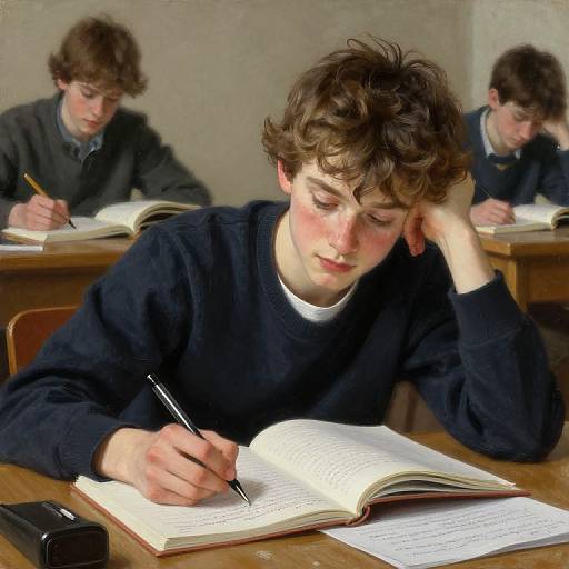 Photograph of three young, white men with curly brown hair, wearing dark sweaters, focused on writing in open books at wooden desks. Background is