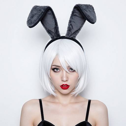 Photograph of a pale-skinned woman with white bob haircut, black bunny ears, red lipstick, and black strap top, against a white background.