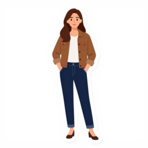 Digital illustration of a young woman with long brown hair, wearing a brown jacket, white shirt, blue jeans, and black flats.