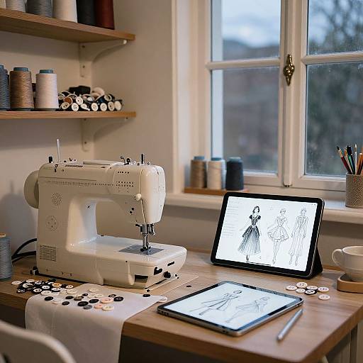 Photograph of a cozy sewing room with a white sewing machine, colorful spools, tablet displaying sewing pattern, and window light.