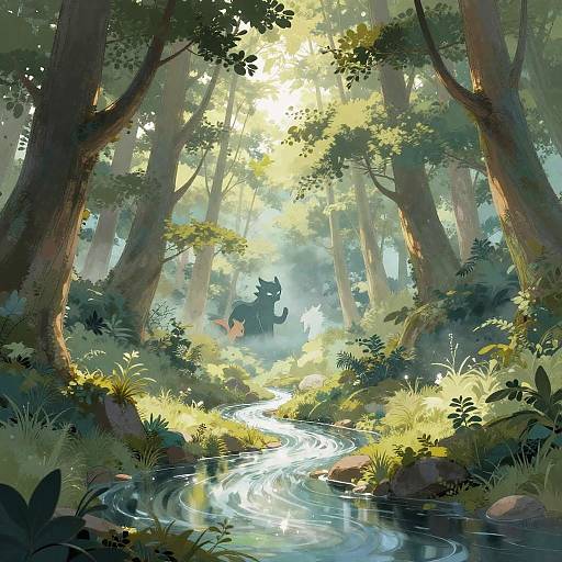 Digital illustration of a sunlit forest with a winding stream, two shadowy anthropomorphic foxes, and lush greenery, bathed in dapp