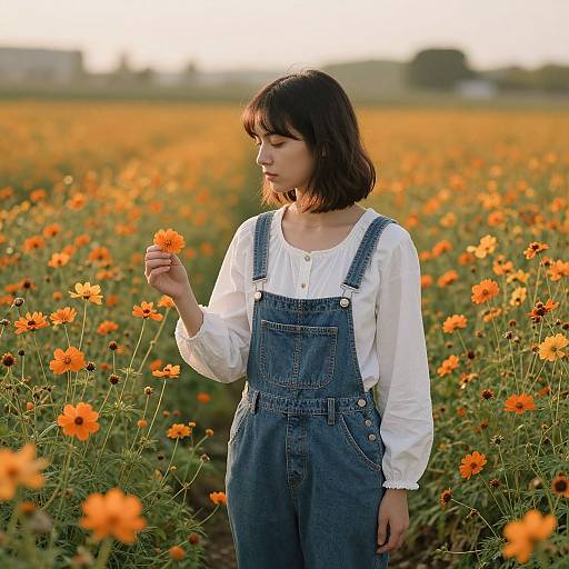 Young Asian woman with shoulder-length black hair, wearing white blouse and blue denim overalls, gently touches an orange flower in a sunlit field of vibrant